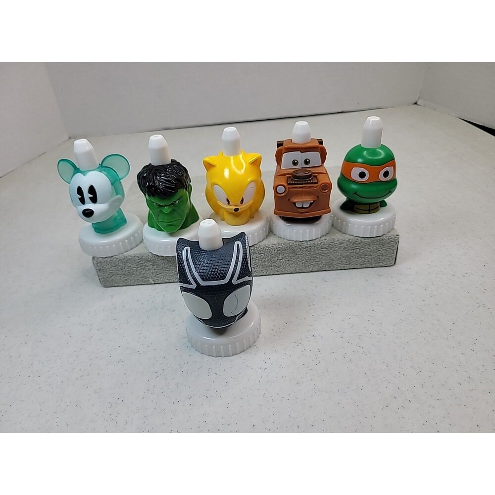 Good 2 Grow Juice Toppers Lot Of 6  Various Bottle Tops Cars, Mickey HULK Turtle